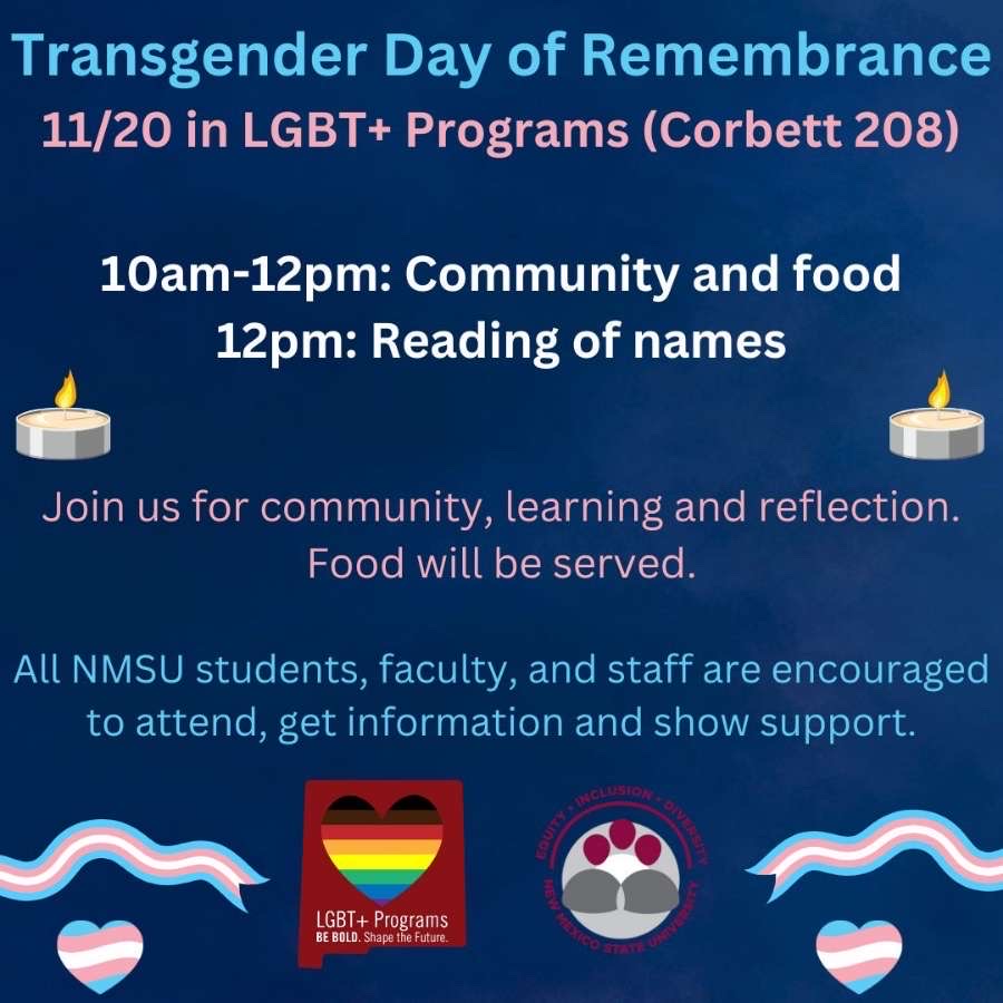 The image is a poster with a navy blue background promoting the Transgender Day of Remembrance event. The main text is centered and in varying shades of blue and pink, providing details about the event. At the top, it announces the event and its location. Below, the schedule is outlined with two sessions: "10am-12pm: Community and food" and "12pm: Reading of names," with small candle icons flanking each side of the schedule. Further down, the invitation encourages attendance and mentions that food will be served. At the bottom are inclusive graphics: a heart with rainbow stripes labeled "LGBT+ Programs: BE BOLD. Shape the Future." and a circular symbol stating "Equity, Inclusion, Diversity. New Mexico State University." Wavy lines and heart symbols enhance the design aesthetically.  Alt-text:  Poster for Transgender Day of Remembrance event with schedule details and inclusive symbols.  Transcribed Text:  Transgender Day of Remembrance 11/20 in LGBT+ Programs (Corbett 208) 10am-12pm: Community and food 12pm: Reading of names Join us for community, learning and reflection. Food will be served. All NMSU students, faculty, and staff are encouraged to attend, get information and show support. LGBT+ Programs BE BOLD. Shape the Future. Equity, Inclusion, Diversity. New Mexico State University.